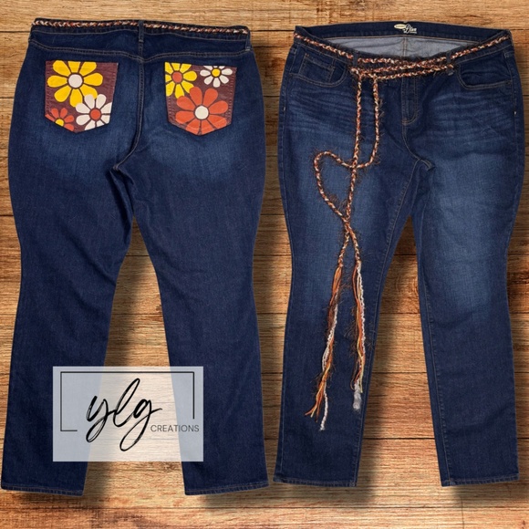 Old Navy Diva Jeans Hand Painted Mod Retro Flower Yellow Orange 70s Boho Plus 20 - Picture 1 of 11